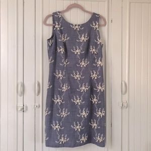 Chambray Sheath Dress White Floral Embroidery